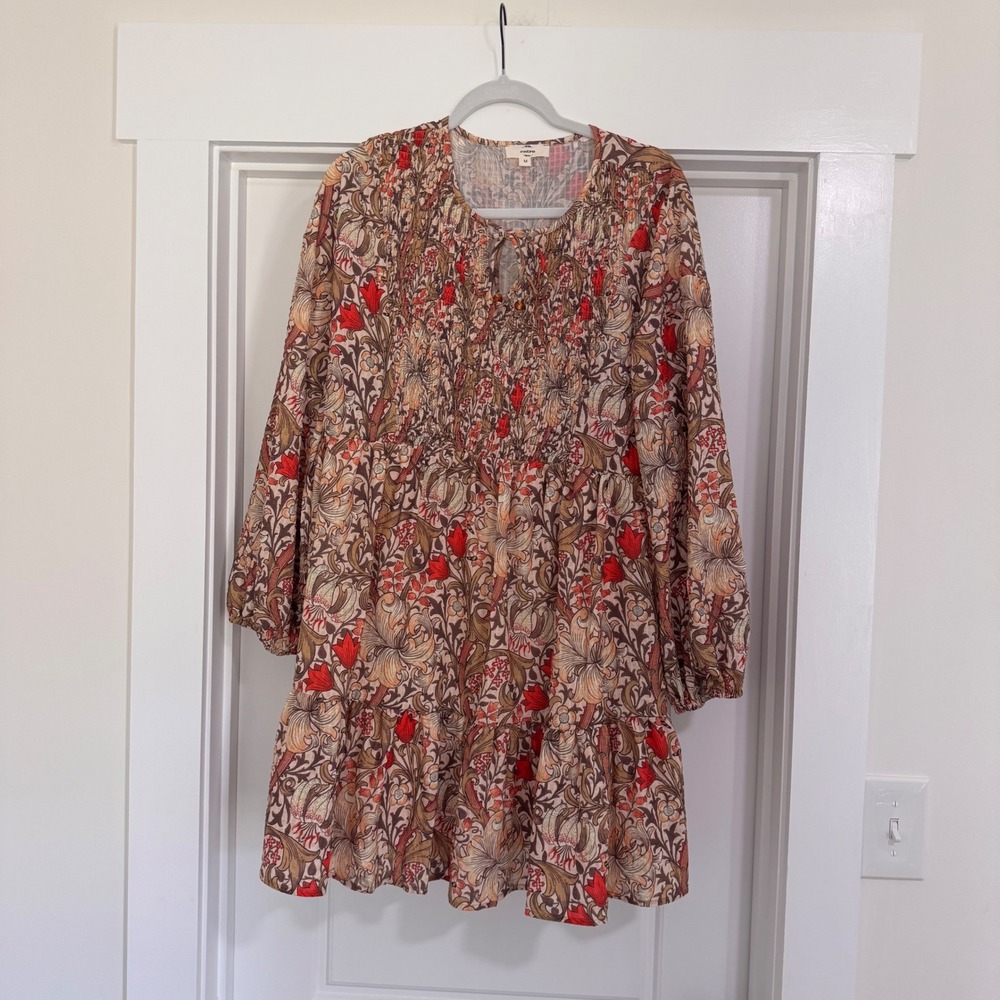 Entro Floral Smocked Mini Dress Long Sleeve Boho Tan Red Brown D21560 Womens M